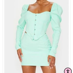 PrettylittleThing Mint Puff Long Sleeve Bust Cup Corset & mini skirt